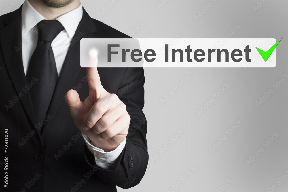 businessman pushing flat button free internet green checked businessman pushing flat button free internet green checked