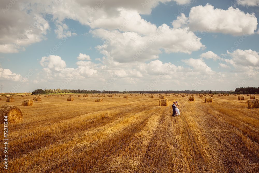 Obraz premium bride and groom with veil near hay