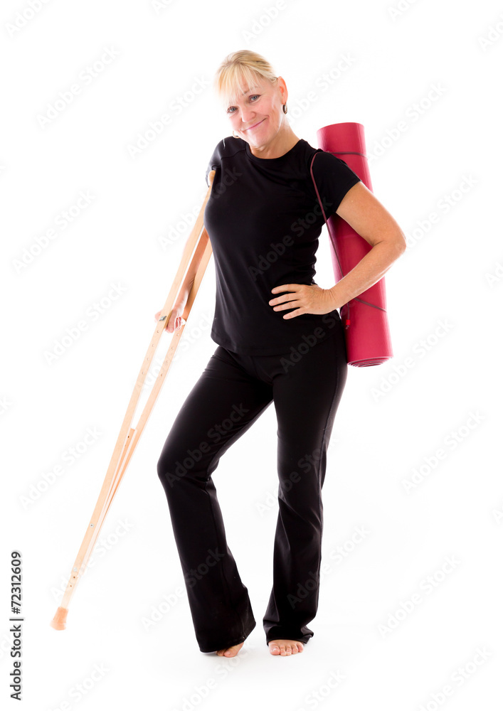 model isolated on white injured with crutch