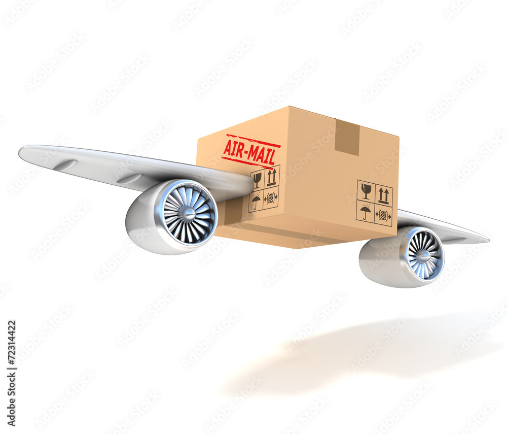 air mail 3d concept - cardboard box with wings and jet engines Stock  Illustration | Adobe Stock