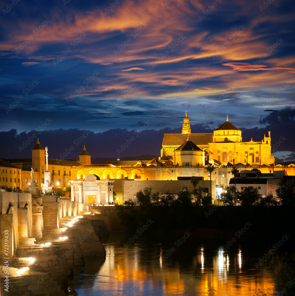 Famous Mosque (Mezquita) and Roman Bridge at beautiful night, Famous Mosque (Mezquita) and Roman Bridge at beautiful night,