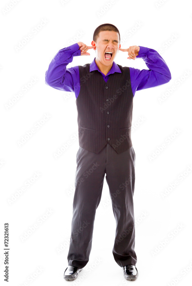 model isolated on plain background plugging ears with fingers model isolated on plain background plugging ears with fingers