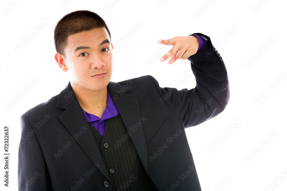 model isolated on plain background pointing to herself model isolated on plain background pointing to herself