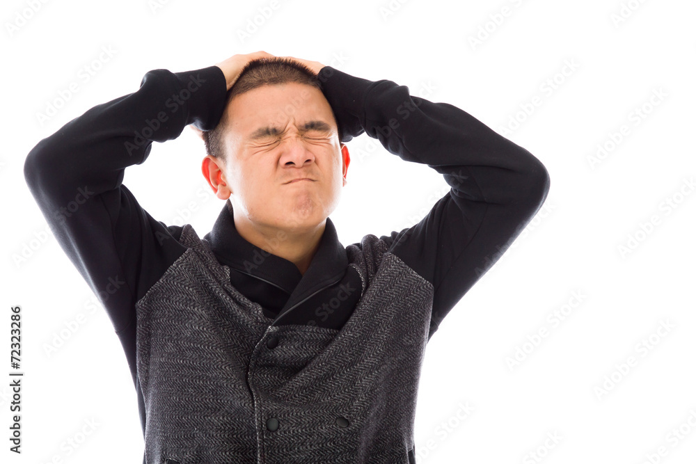 model isolated on plain background stressed upset pulling hairs model isolated on plain background stressed upset pulling hairs