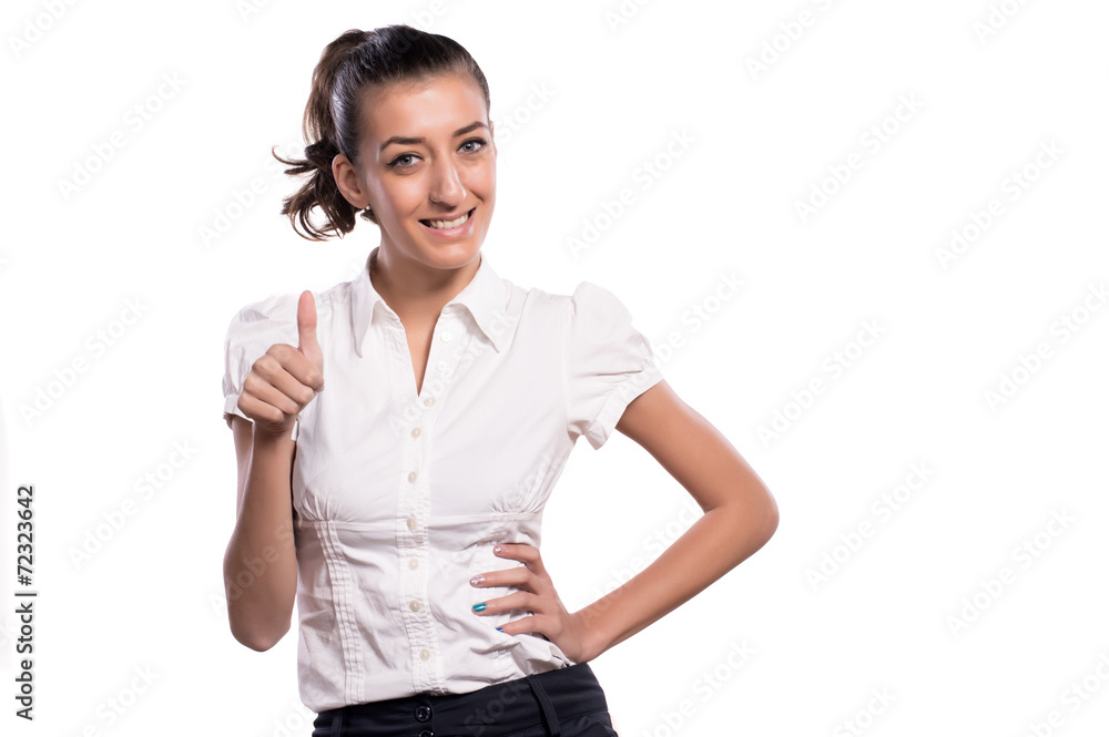 Attractive young woman thombs up white isolated background Attractive young woman thombs up white isolated background