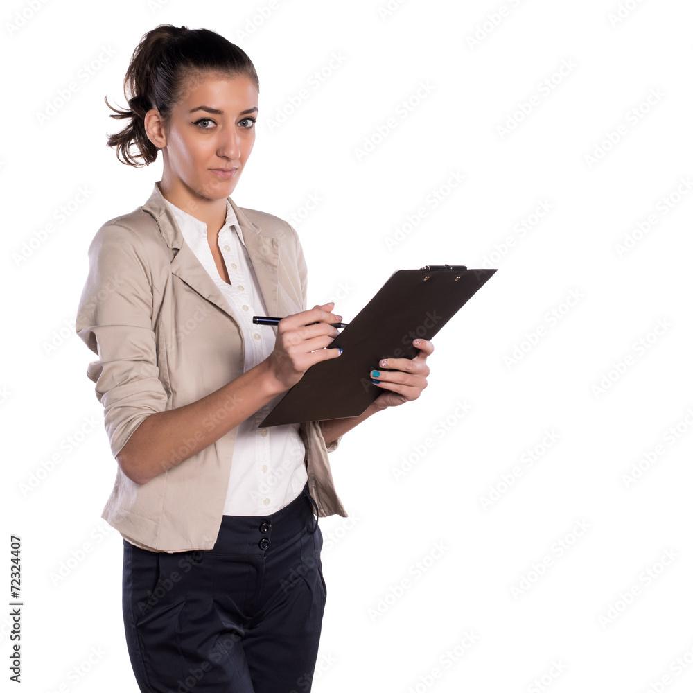 attractive woman writing on clip board white isolated attractive woman writing on clip board white isolated