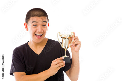 model isolated on white holding a trophee photo