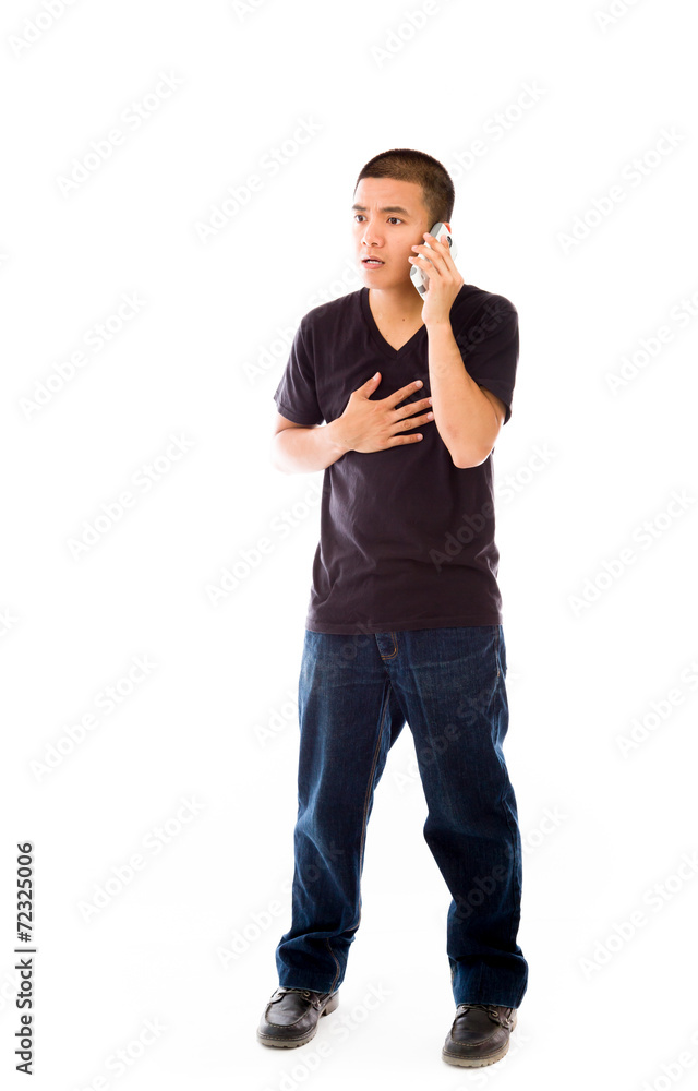 model isolated on white holding phone model isolated on white holding phone