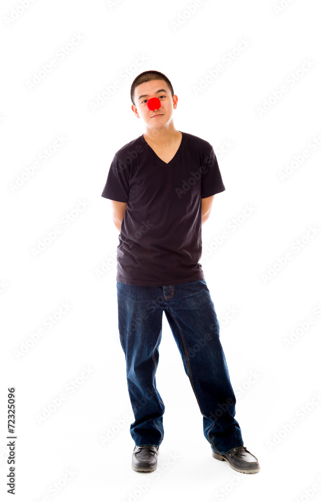 Naklejka premium model isolated on white with clown red nose
