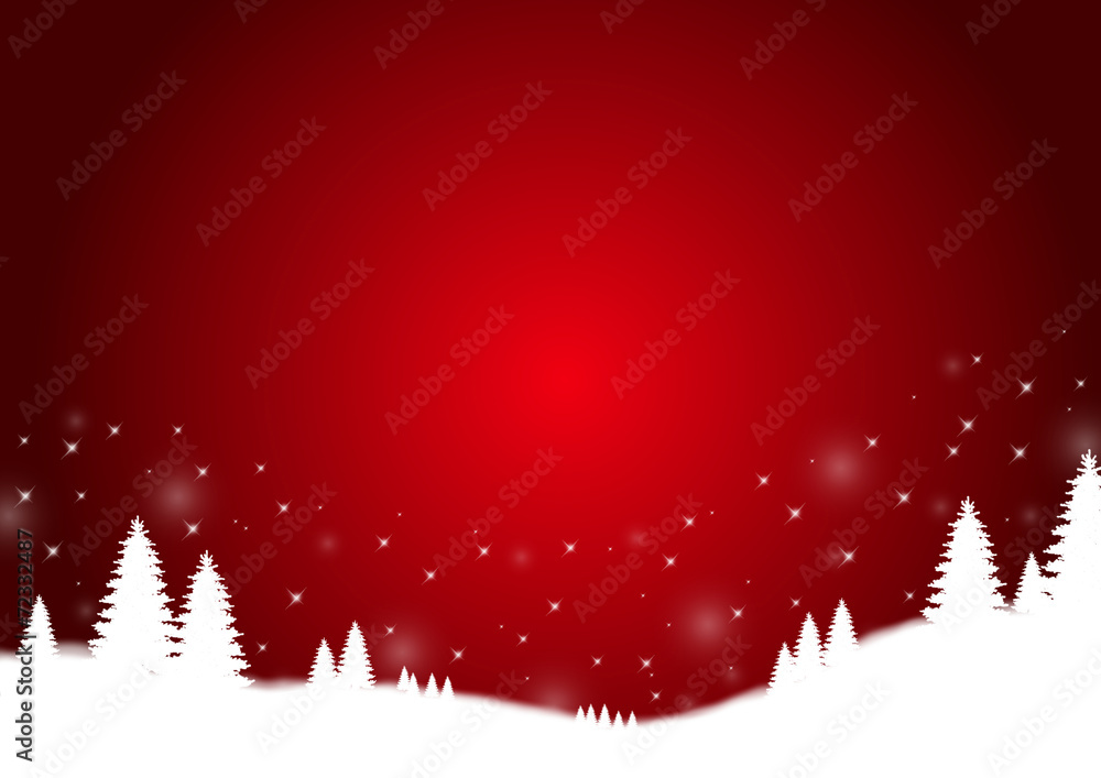 Silhouette einer Winterlandschaft in weiß auf rotem Hintergrund Silhouette einer Winterlandschaft in weiß auf rotem Hintergrund