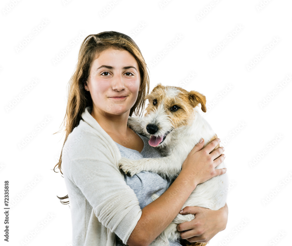 Woman playing with dog isolated