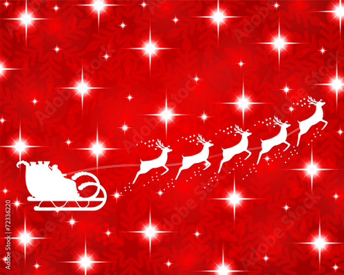 Santa Claus rides in a sleigh reindeer on red background