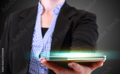 business woman showing modern tablet phone