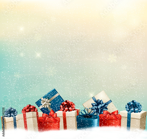 Holiday Christmas background with a border of gift boxes. Vector