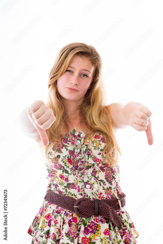 negative model showing thumbs down negative model showing thumbs down
