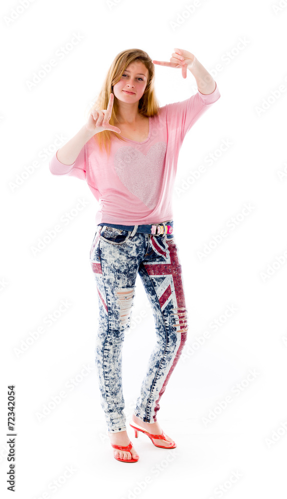 model isolated on plain background hand gesture framing focusing model isolated on plain background hand gesture framing focusing