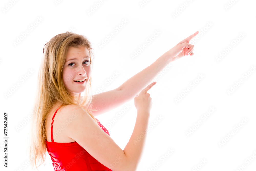 model isolated on plain background looking at camera pointing model isolated on plain background looking at camera pointing