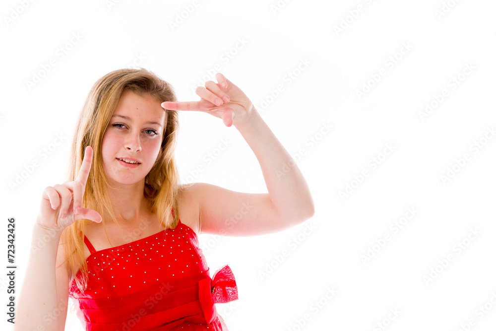 model isolated on plain background hand gesture framing focusing model isolated on plain background hand gesture framing focusing