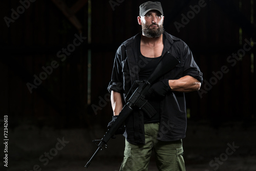 Dangerous Man Portrait With Machine Gun