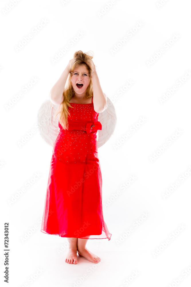 model isolated on plain background stressed upset pulling hairs