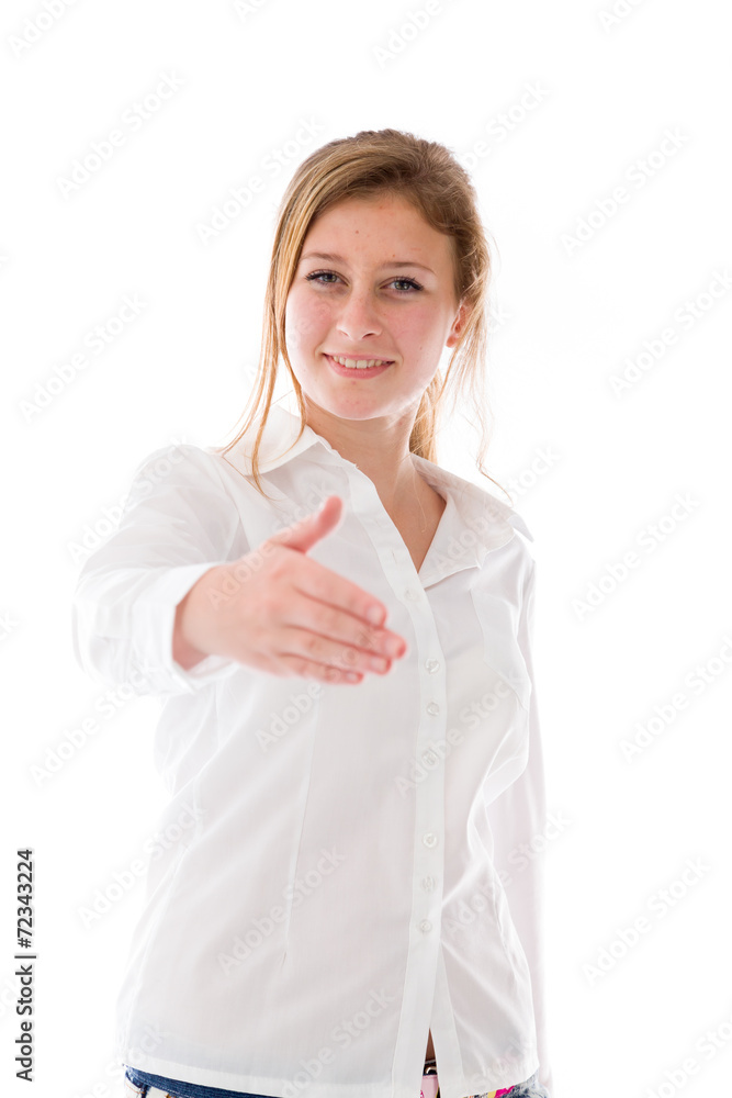 model isolated on plain background greetings hand shake model isolated on plain background greetings hand shake