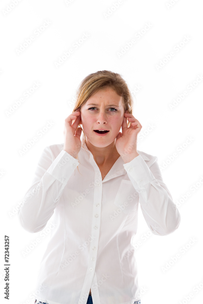 model isolated on plain background plugging ears with fingers model isolated on plain background plugging ears with fingers