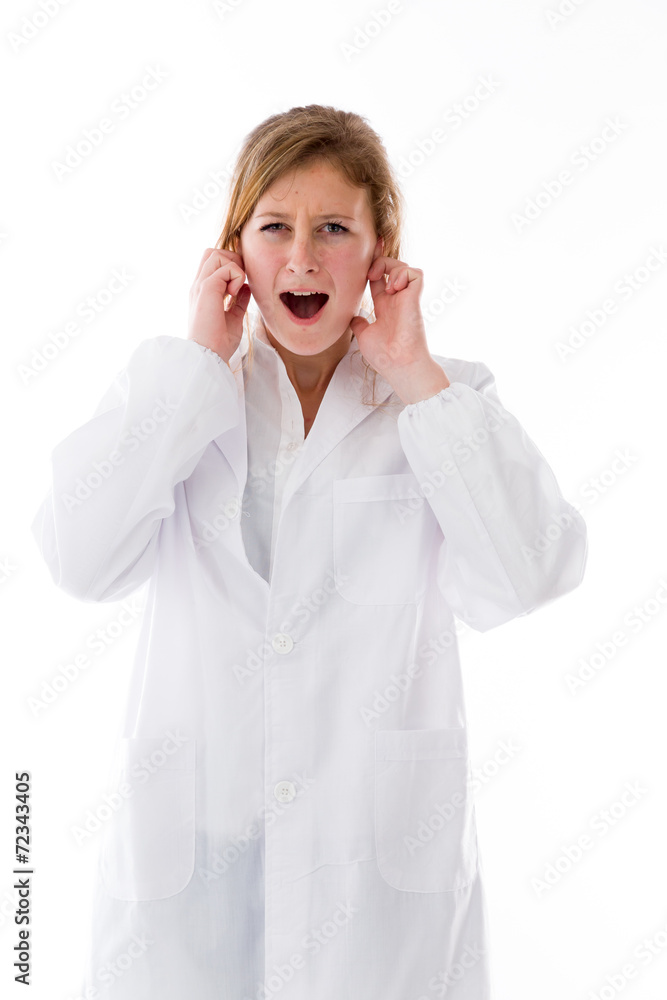 model isolated on plain background plugging ears with fingers model isolated on plain background plugging ears with fingers