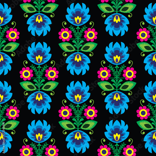 Seamless traditional floral Polish folk art pattern on black