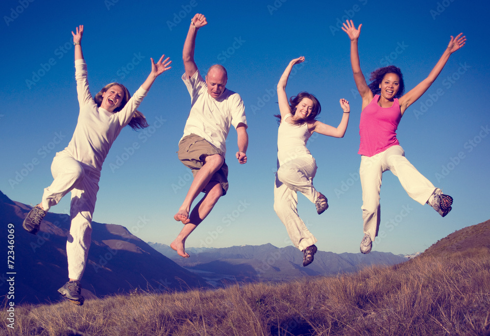 Group of People Jumping Happiness Outdoors Group of People Jumping Happiness Outdoors