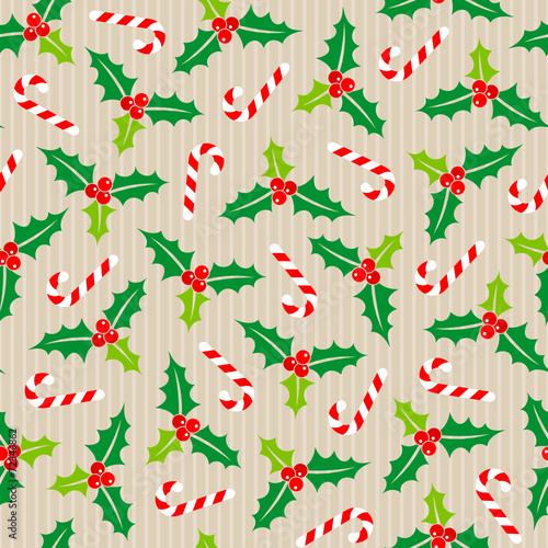 Seamless Pattern Holly Candy Cane Beige