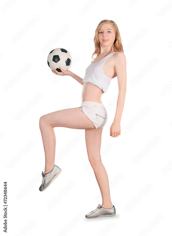 Young caucasian female with soccer ball on white background Young caucasian female with soccer ball on white background