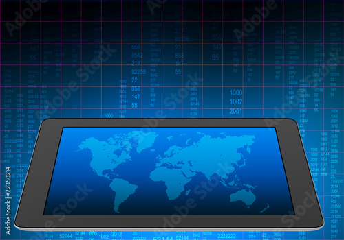 tablet with screen world map on abstract background number.