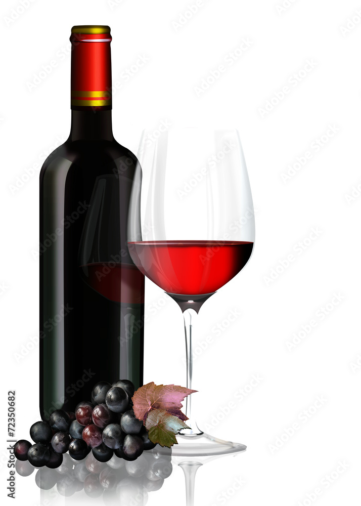 Rotweinglas mit Rotweinflasche, Weintrauben freigestellt