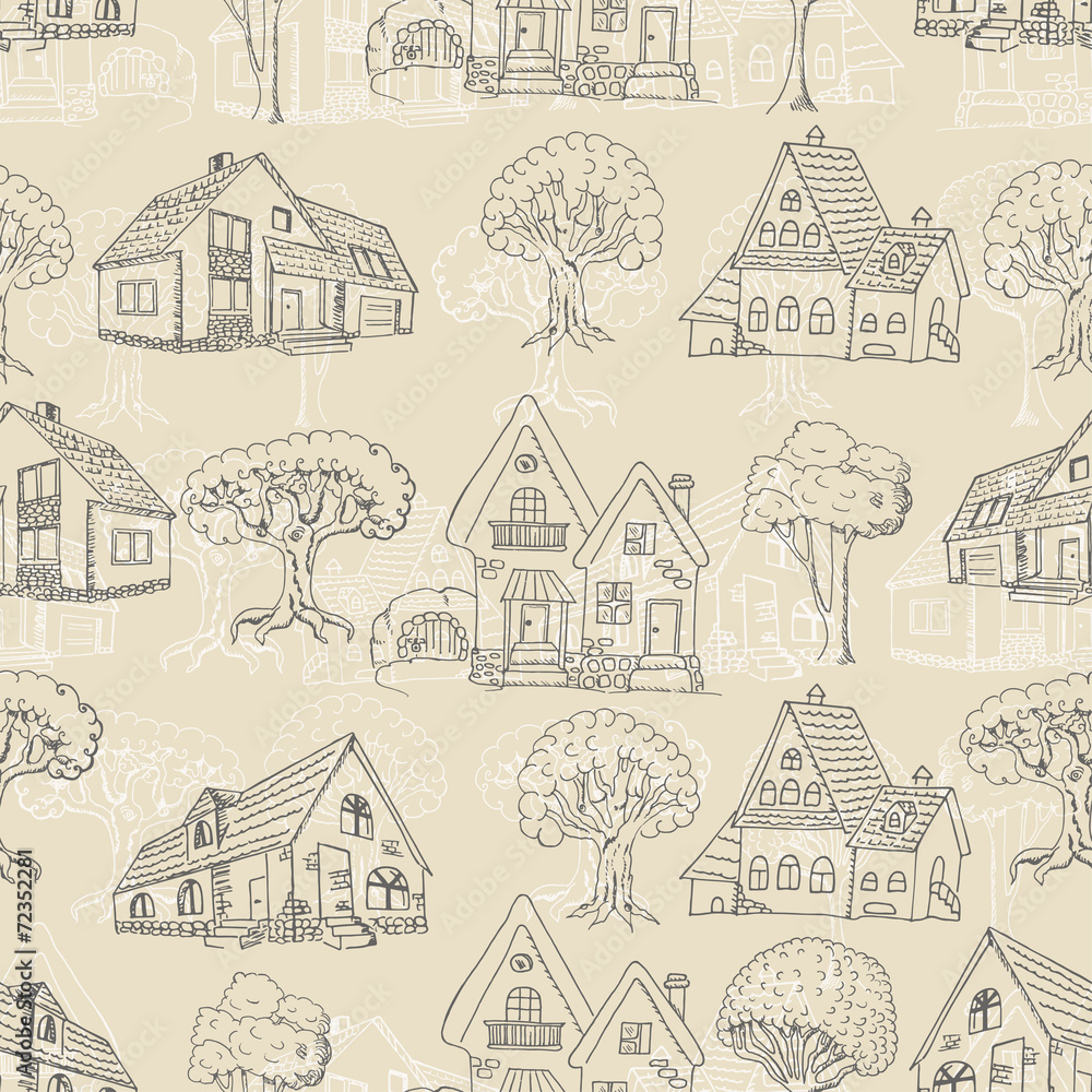 Seamless pattern with many houses and trees