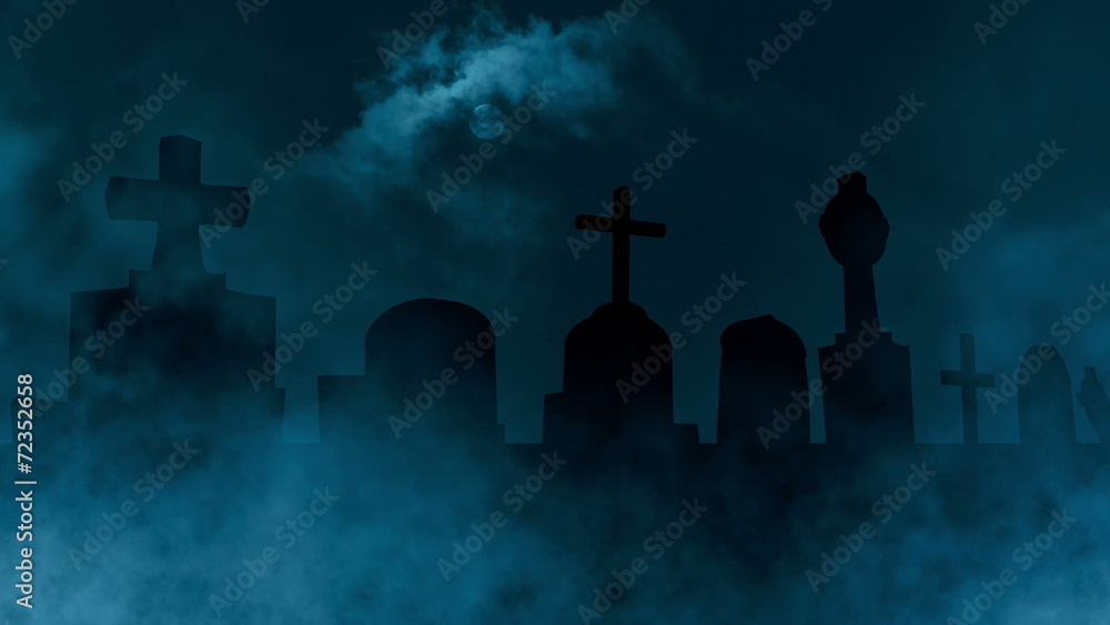 Sliding cam animation of a scary, spooky cemetery scenery