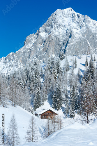 Winter rock with fresh fallen snow on top and house. © wildman