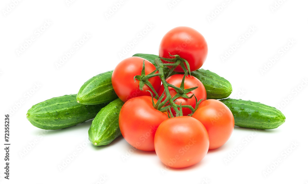 bunch of tomatoes and cucumbers isolated on white background bunch of tomatoes and cucumbers isolated on white background