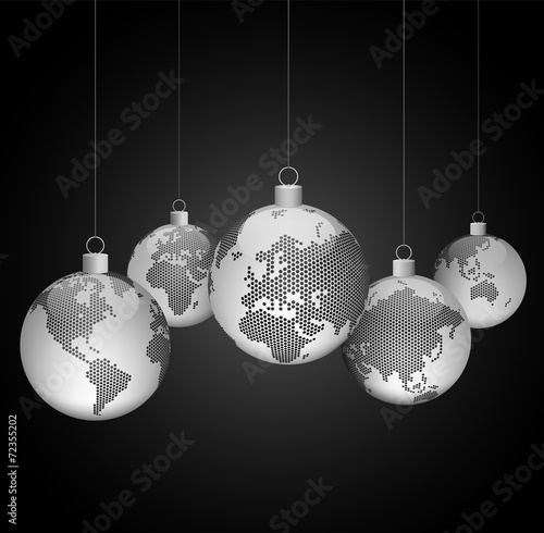 Christmas balls ornaments with world dotted maps - Globe - Christmas travel - vector illustration