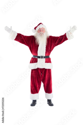 Jolly Santa opens his arms to camera