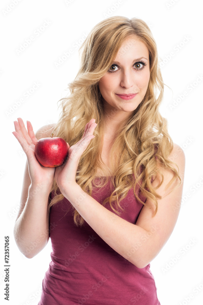 Frau hält einen Apfel Frau hält einen Apfel