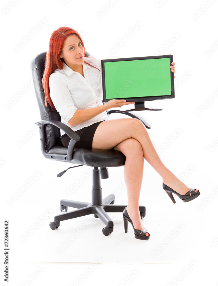model isolated on white holding blank screen model isolated on white holding blank screen