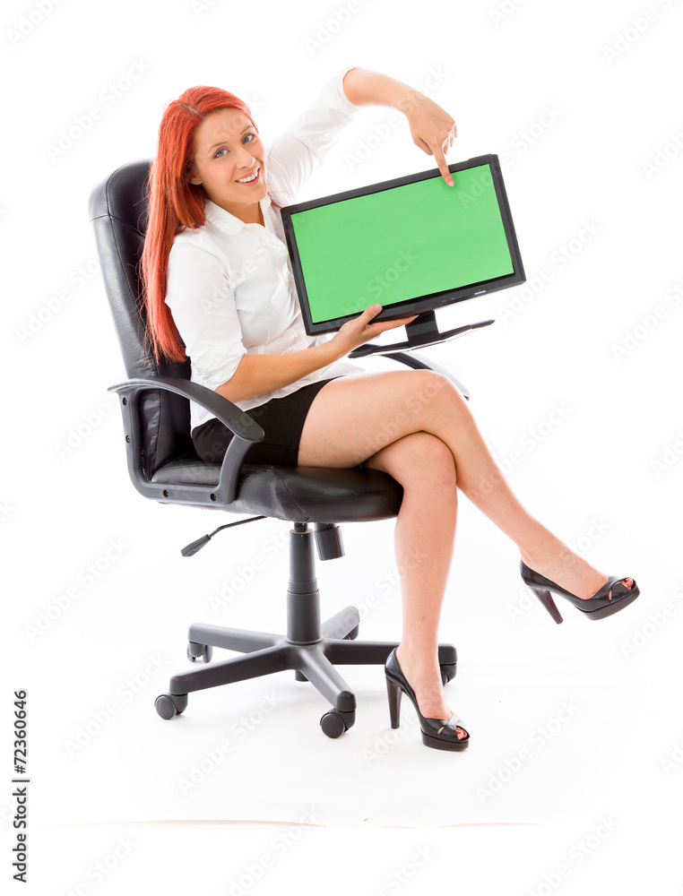 model isolated on white holding blank screen model isolated on white holding blank screen