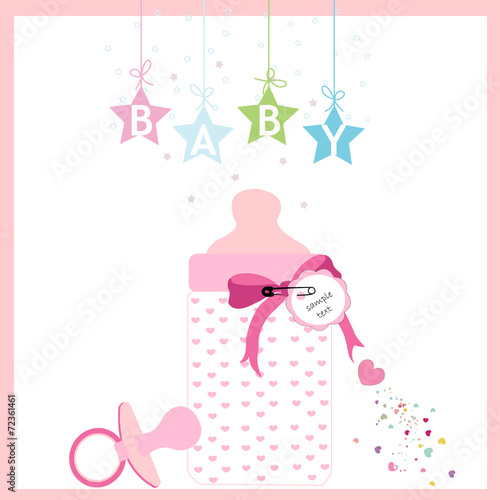 Baby girl bottle and soother vector greeting card