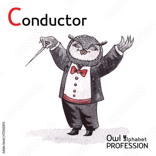 Alphabet professions Owl Letter C - Conductor Vector Watercolor.