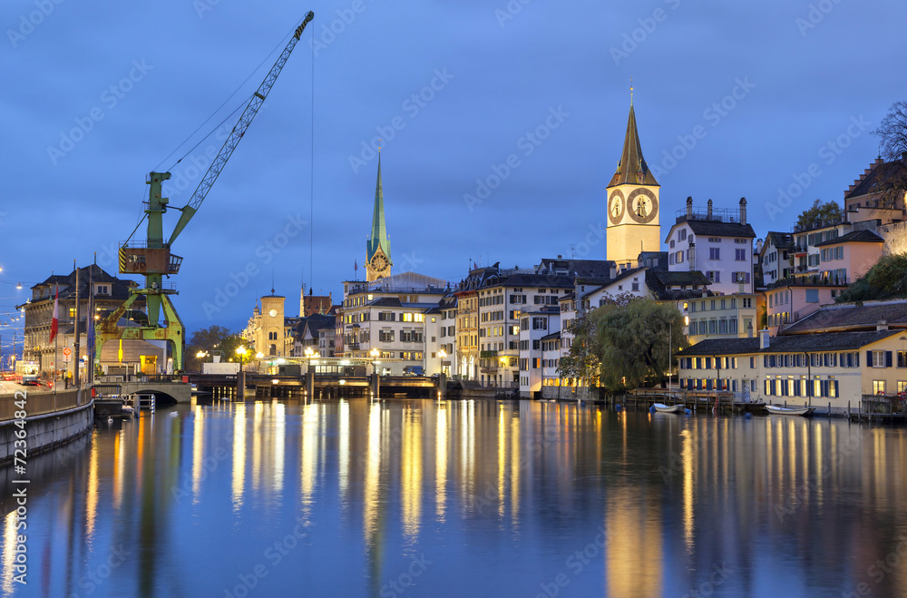 River Limmat in the centre of Zurich in the evening River Limmat in the centre of Zurich in the evening