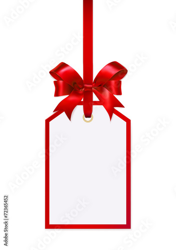 White tag isolated on white background with red ribbon
