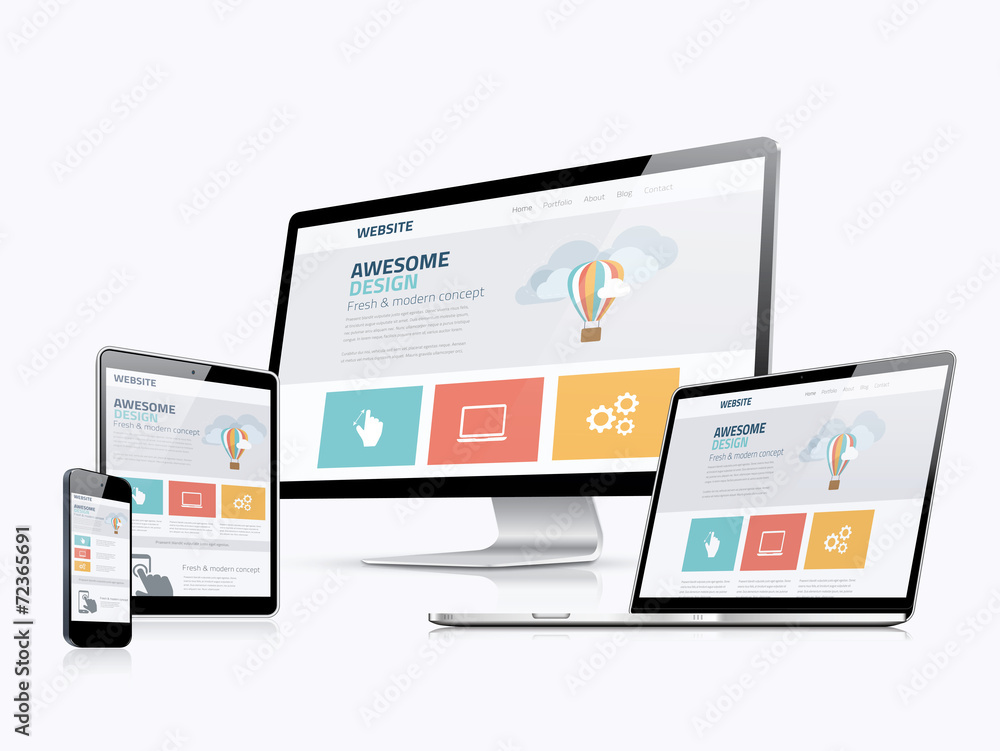 Flat responsive web design concept website development devices Flat responsive web design concept website development devices