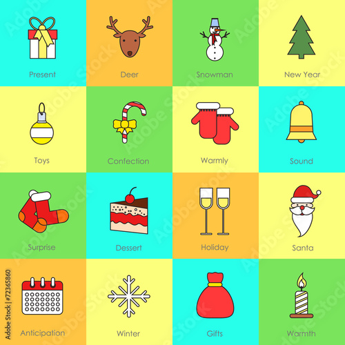 Christmas icons set flat line