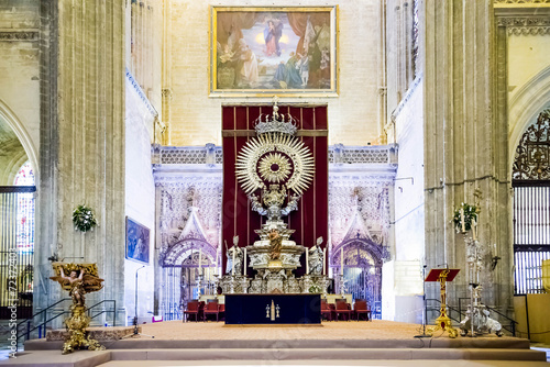 SEVILLE, SPAIN--JUNE 4. 2014 Golden Paseo Madonna Statue in Sevi photo