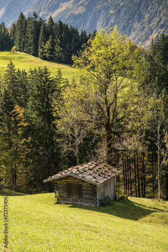 Hütte aus Holz im Tal in Bayern photo